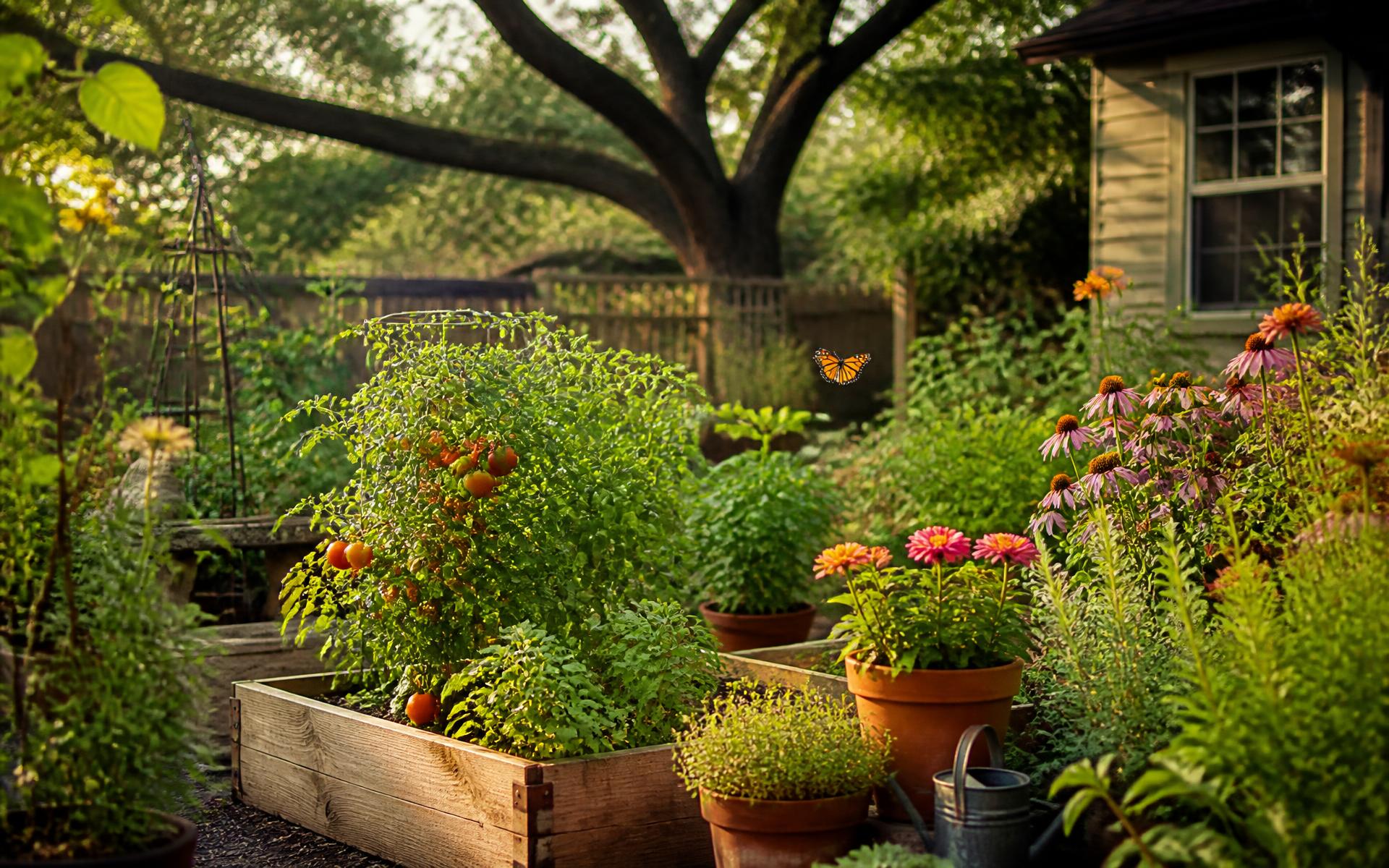 A lush Houston backyard garden with raised vegetable beds, herbs, zinnias and terracotta pots in warm evening light