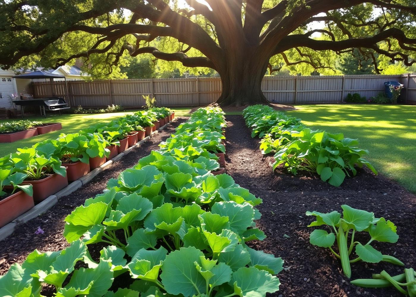 Raised beds of leafy greens growing beneath a live oak in a Houston backyard